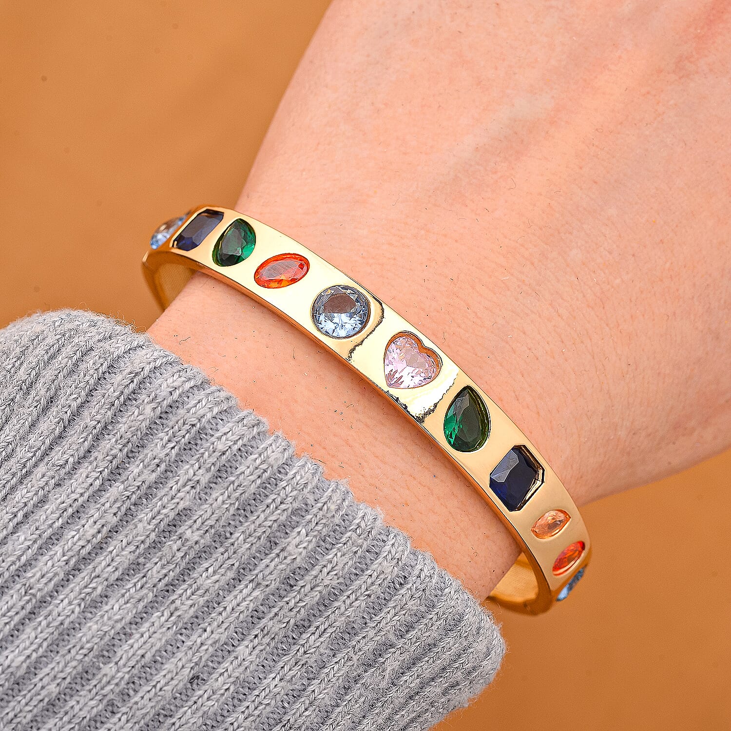 Designer Inspired Multi Colour Cubic Zirconia Bangle (Size - 7.5) in Yellow Gold Tone