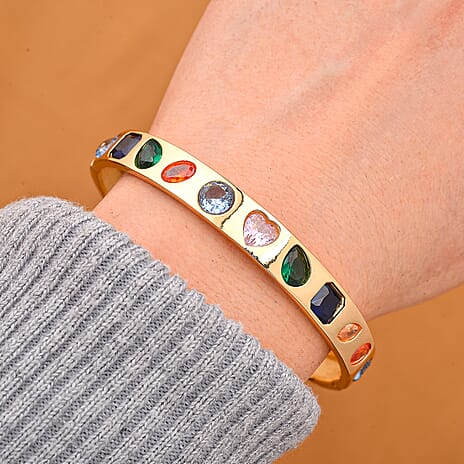 Designer Inspired Multi Colour Cubic Zirconia Bangle (Size - 7.5) in Yellow Gold Tone