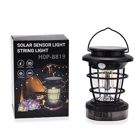 Solar Lantern with Light Modes PLUS Multi Colour String Lights & USB Charging - Black & White - 10 METERS