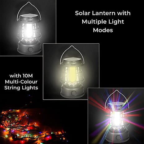 Solar Lantern with Light Modes PLUS Multi Colour String Lights & USB Charging - Black & White - 10 METERS