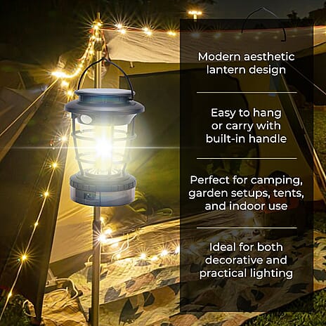 Solar Lantern with Light Modes PLUS Multi Colour String Lights & USB Charging - Black & White - 10 METERS