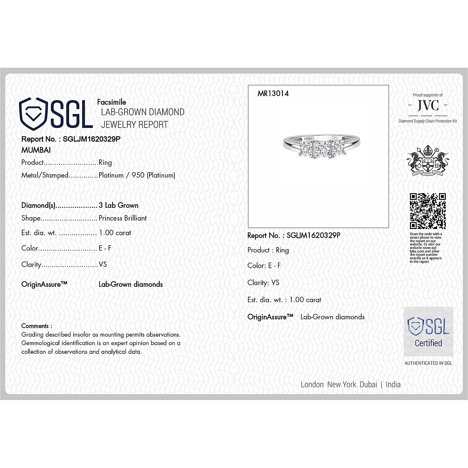 First Time Ever - Luxuriant Diamond 950 Platinum SGL Certified Princess Cut Lab Grown Diamond (VS-E-F) Ring 1.00 Ct.