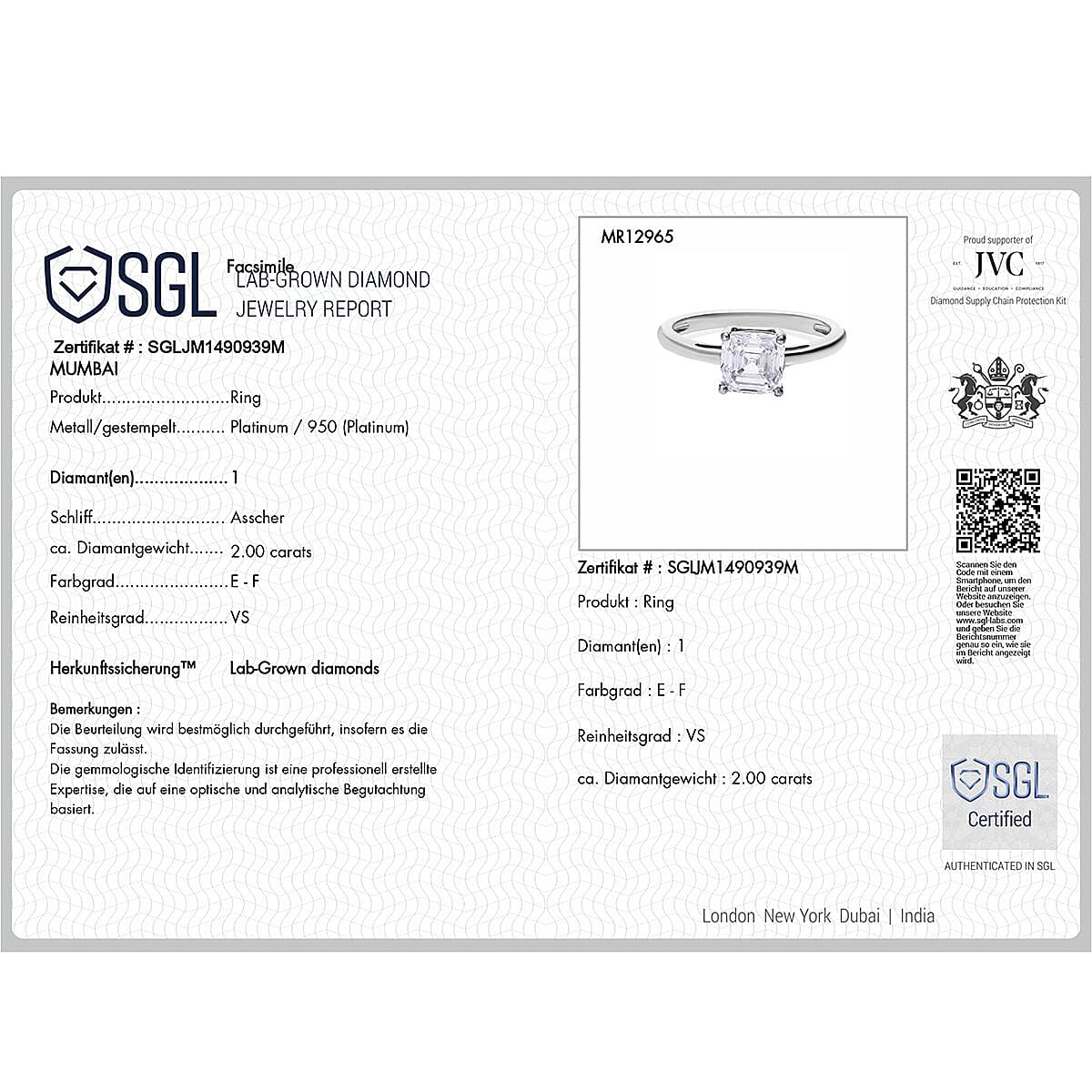 Rare Find Asscher Cut -Luxuriant Diamond- SGL Certified 950 Platinum Lab Grown Diamond (VS-G-H) Ring 2.00 Ct. Rare Find Asscher Cut -Luxuriant Diamond- SGL Certified 950 Platinum Lab Grown Diamond (VS-G-H) Ring 2.00 Ct.