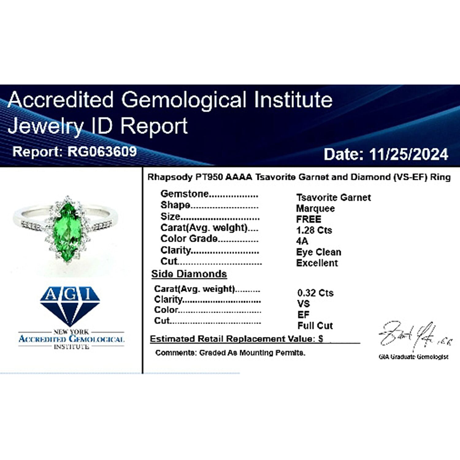 Rhapsody 950 Platinum AAAA Tsavorite Garnet & White Diamond (VS-EF) AGI Certified Ring 1.60 Ct, Platinum Wt. 6.20 Gms.