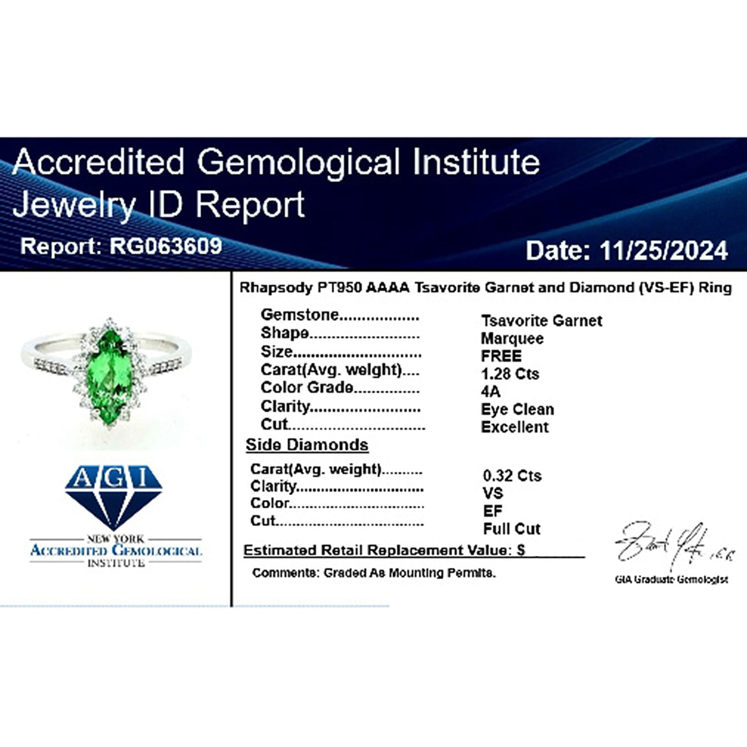 Rhapsody  950 Platinum  AAAA  Tsavorite Garnet   White Diamond  VS Ring 1.60 ct,  Platinum Wt. 6.36 Gms  1.600  Ct.