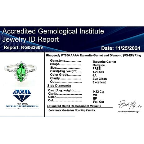 Rhapsody  950 Platinum  AAAA  Tsavorite Garnet   White Diamond  VS Ring 1.60 ct,  Platinum Wt. 6.36 Gms  1.600  Ct.