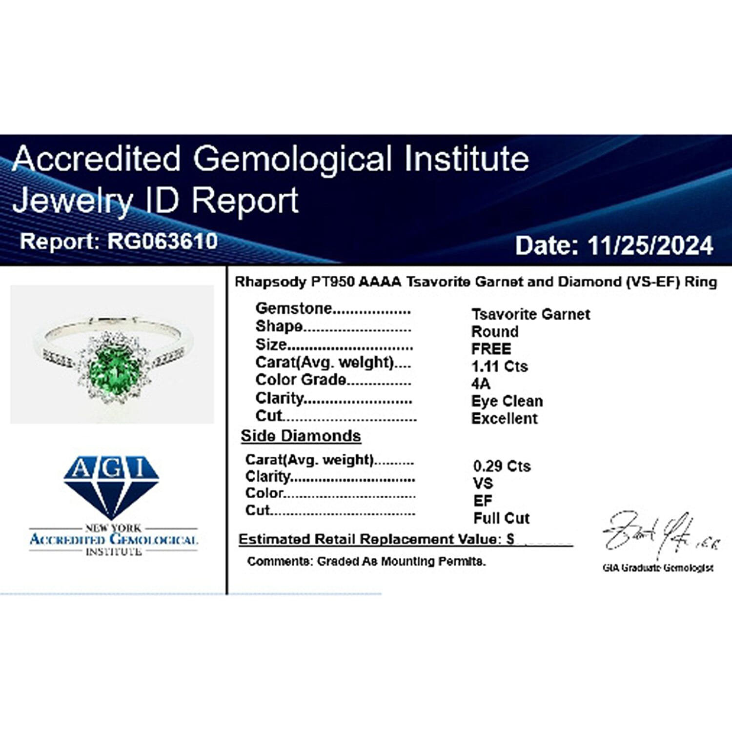 Rhapsody  950 Platinum  AAAA  Tsavorite Garnet   White Diamond  VS Ring 1.40 ct,  Platinum Wt. 5.49 Gms  1.400  Ct.