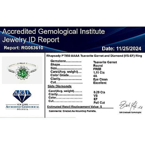 Rhapsody  950 Platinum  AAAA  Tsavorite Garnet   White Diamond  VS Ring 1.40 ct,  Platinum Wt. 5.49 Gms  1.400  Ct.