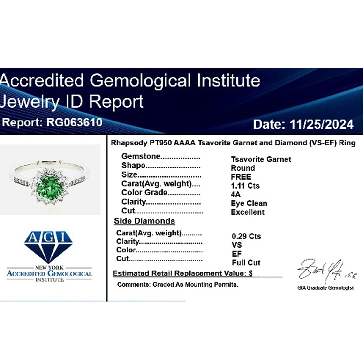 Rhapsody  950 Platinum  AAAA  Tsavorite Garnet   White Diamond  VS Ring 1.40 ct,  Platinum Wt. 5.49 Gms  1.400  Ct.