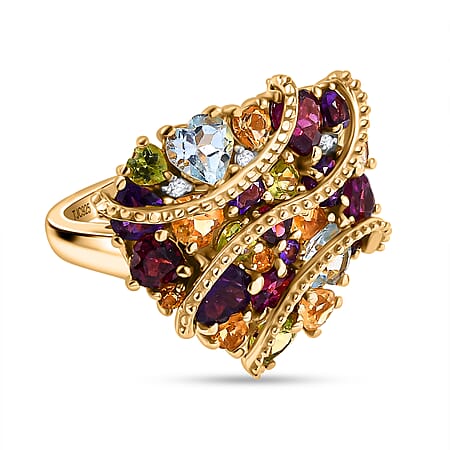 GP Amore Collection African Amethyst and Multi Gemstones Cluster Heart Ring in 18K Vermeil Yellow Gold Plated Sterling Silver 6.55 Ct.