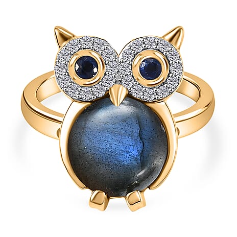 GP Labradorite, Blue Sapphire & Multi Gemstones Ring in 18K Vermeil Yellow Gold Plated Sterling Silver 5.46 Ct.