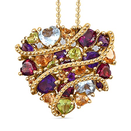 GP Amore Collection  African Amethyst & Multi Gemstones Cluster Pendant with Chain (Size 20) in 18K Vermeil Yellow Gold Plated Sterling Silver 6.37 Ct, Silver Wt. 8.40 Gms.