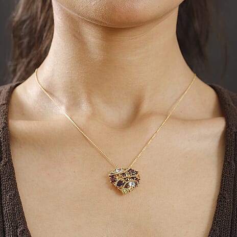 GP Amore Collection  African Amethyst , Multi Gemstne Cluster Pendant in 18K YG Vermeil Sterling Silver 6.37 ct,  Silver Wt. 6 Gms.