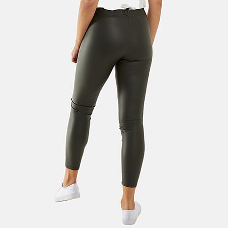 Leather Look Elasticated Waistband Leggings (Size 12 to 14)  - Olive