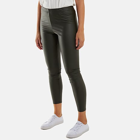 Leather Look Elasticated Waistband Leggings (Size 8 to 10)  - Olive