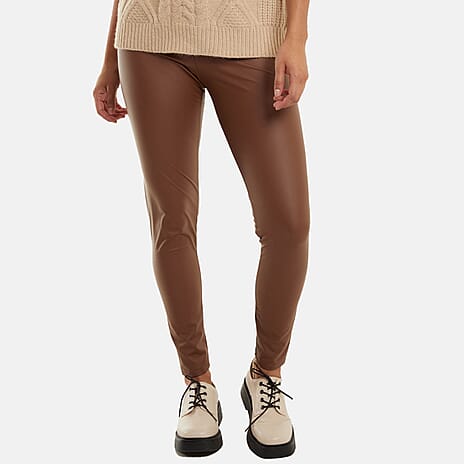 Leather Look Elasticated Waistband Leggings (Size 8 to 10)  - Tan