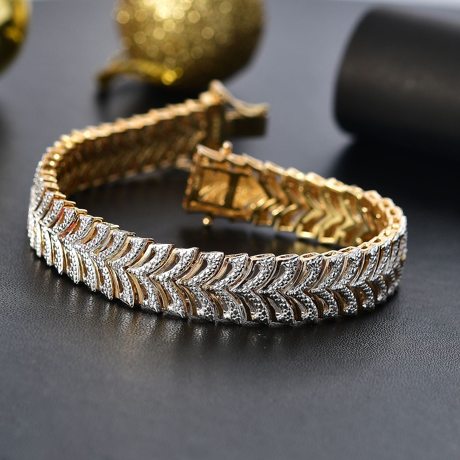 White Diamond Bracelet (Size - 7.5) with Lock Box in Yellow Gold Flash & Silver Plating