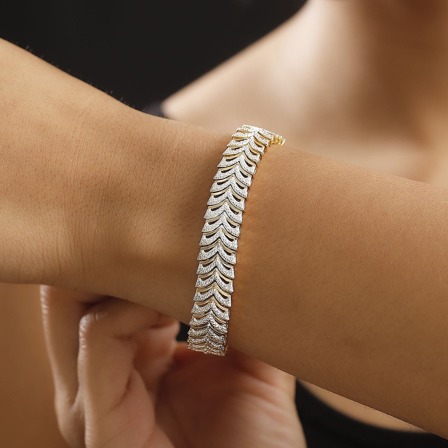 White Diamond Bracelet (Size - 7.5) with Lock Box in Yellow Gold Flash & Silver Plating