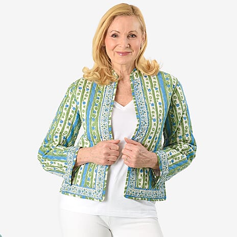 La Marey 100% Cotton Hand-Block Printed Quilted Jacket (Size 16 to 18) - Off White with Green & Blue Details