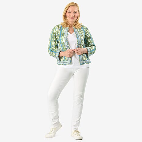 La Marey 100% Cotton Hand-Block Printed Quilted Jacket (Size 16 to 18) - Off White with Green & Blue Details