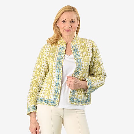 La Marey 100% Cotton Hand-Block Printed Quilted Jacket (Size 8 to 10) - Lime