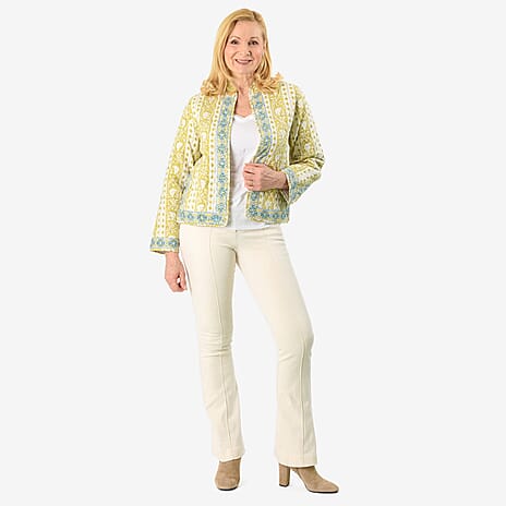 La Marey 100% Cotton Hand-Block Printed Quilted Jacket (Size 8 to 10) - Lime