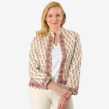 La Marey 100% Cotton Hand-Block Printed Quilted Jacket (Size 12 to 14) - Off White