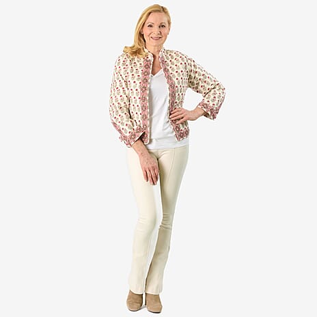 La Marey 100% Cotton Hand-Block Printed Quilted Jacket (Size 12 to 14) - Off White