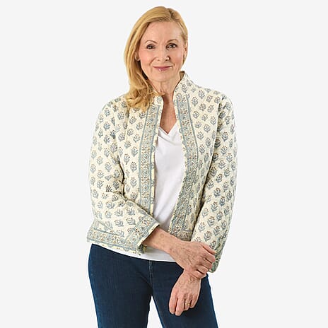 Sukriti 100% Cotton Hand Block Print Quilted Jacket (Size L) - White