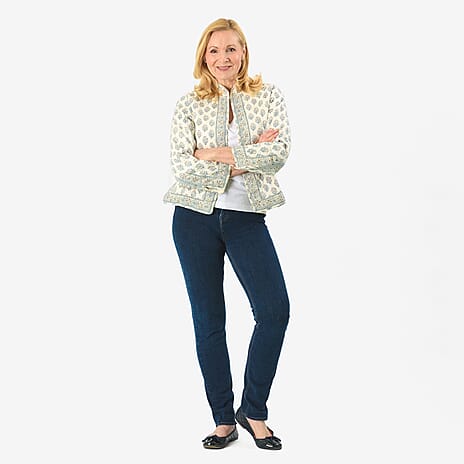 Sukriti 100% Cotton Hand Block Print Quilted Jacket (Size L) - White