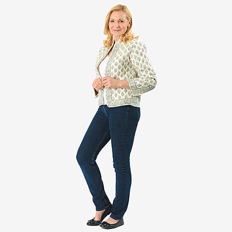 Sukriti 100% Cotton Hand Block Print Quilted Jacket (Size L) - White