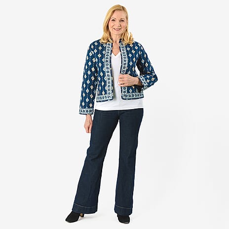 Sukriti 100% Cotton Hand Block Print Quilted Jacket (Size L) - Navy