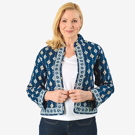 Sukriti 100% Cotton Hand Block Print Quilted Jacket (Size XL) - Navy