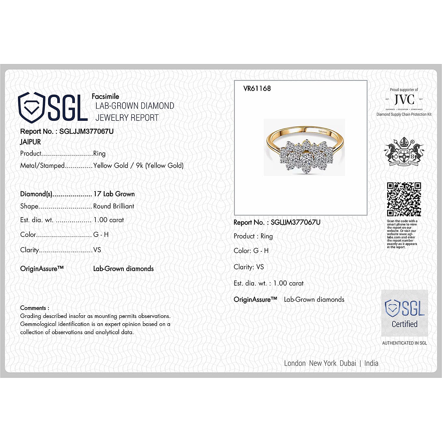 Luxuriant Diamond 9K Yellow Gold SGL Certified Lab Grown Diamond (VS-G-H) Boat Ring 1.00 Ct.
