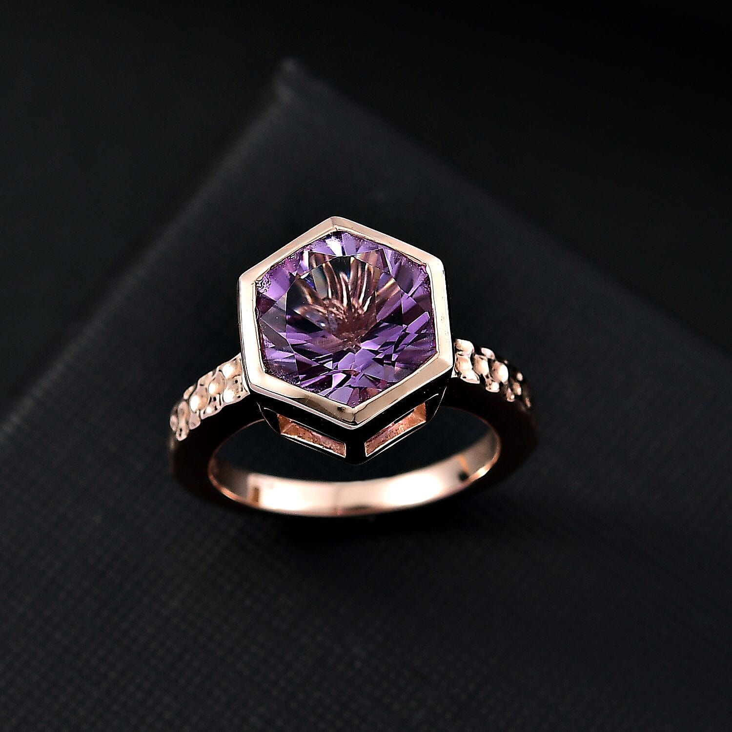 GP Rose De France Amethyst, Blue Sapphire & White Zircon  Solitaire Ring in 18K Vermeil Rose Gold Plated Sterling Silver 4.23 Ct