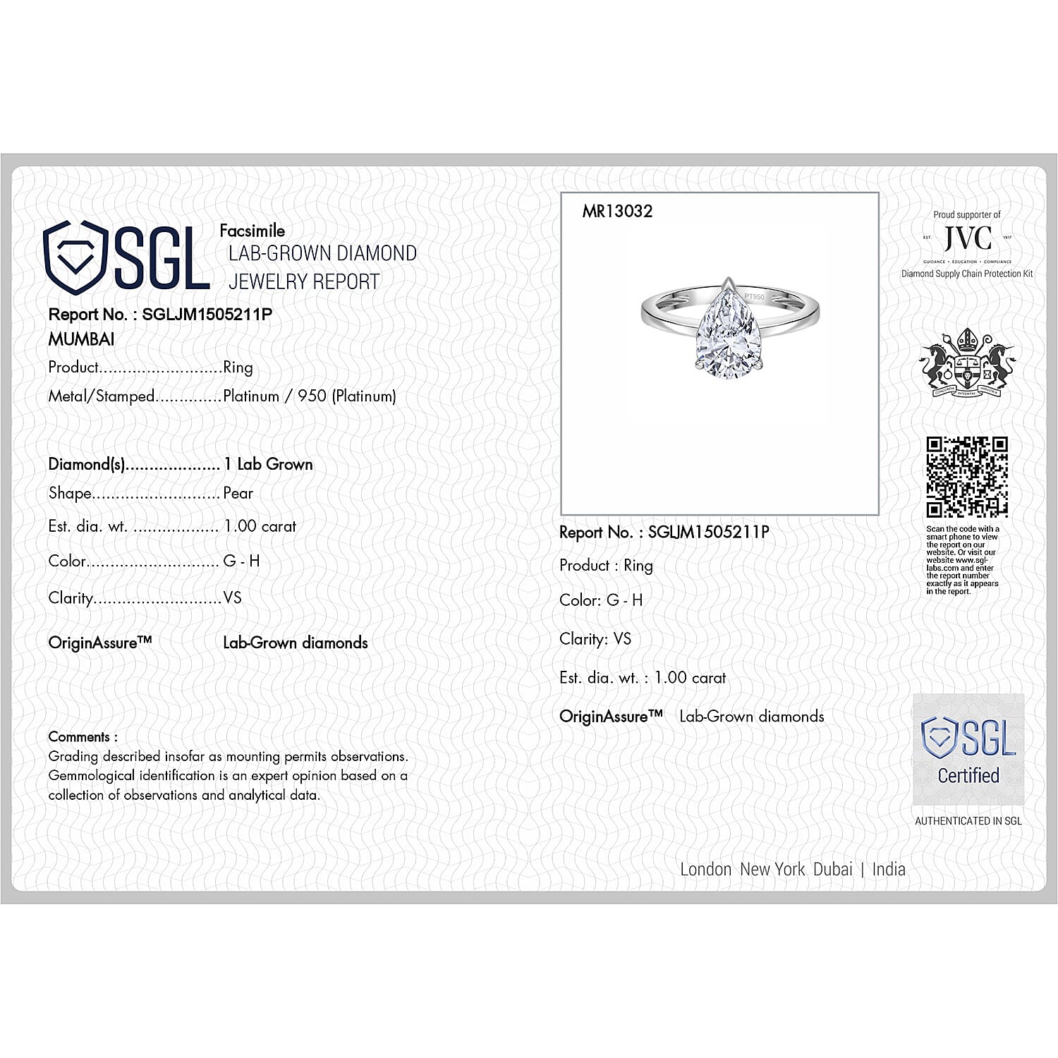Luxuriant Diamond 1 Ct. Lab Grown Diamond Solitaire Ring in 950 Platinum, SGL Certified