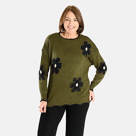 Floral Knitted Jumper (Size 10 to 20) - Olive