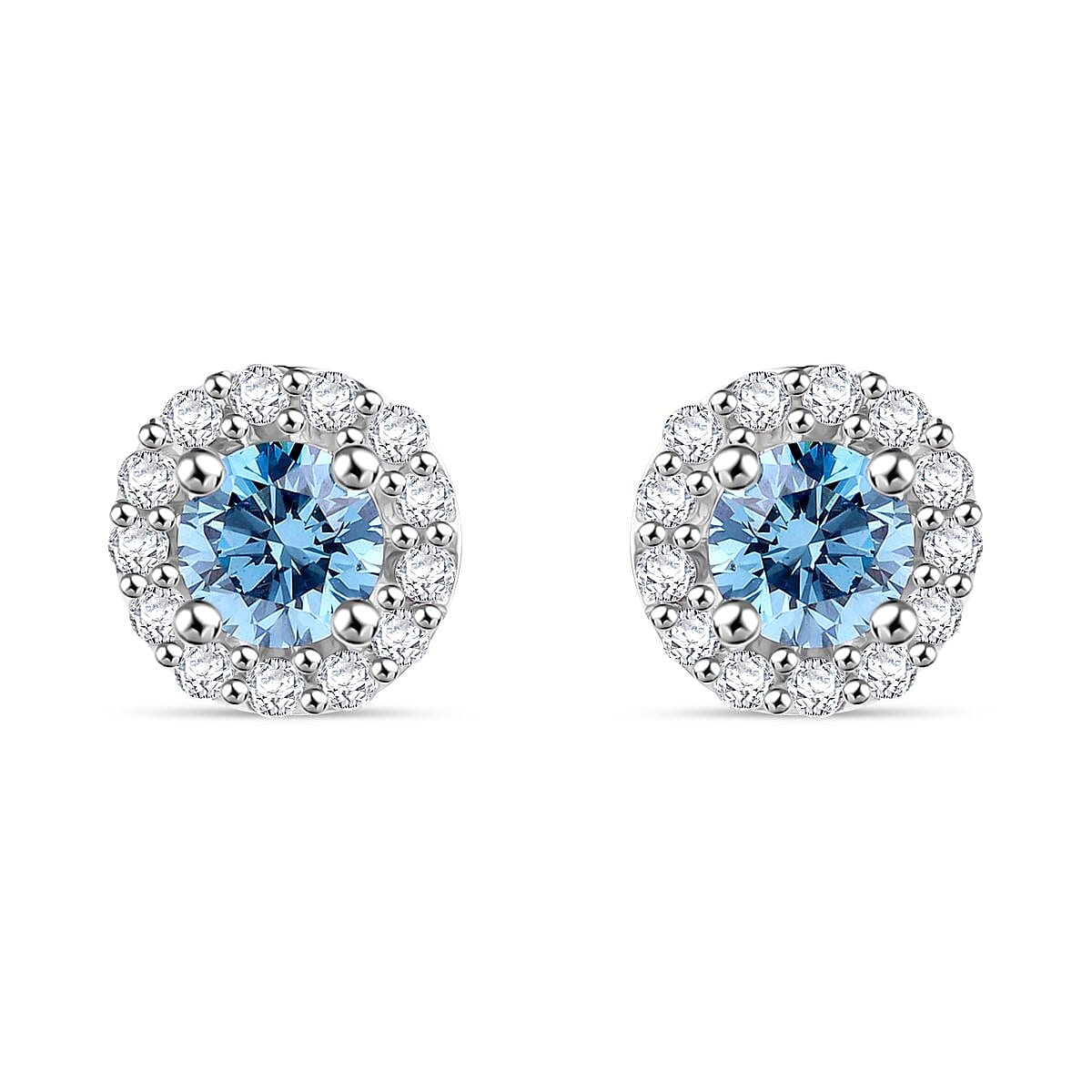 Luxuriant Diamond Lab Grown Blue Diamond (VS-SI) & Lab Grown Diamond (SI-G-H) Push Back Earring in Platinum Overlay Sterling Silver 1.30 Ct.
