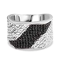 GP Collection - Black Spinel and Blue Sapphire Ring in Rhodium Overlay Sterling Silver