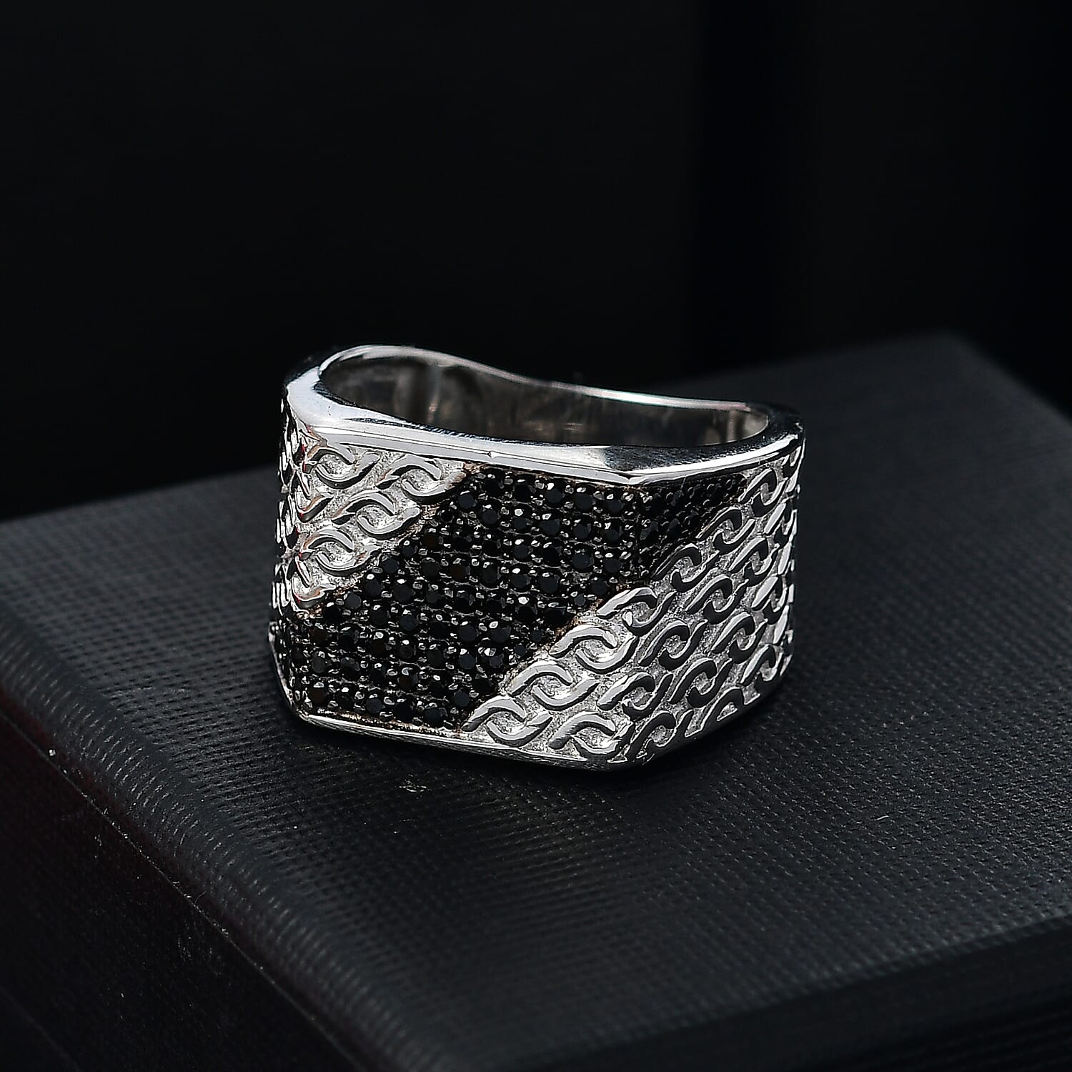 Natural Thai Black Spinel & Blue Sapphire Ring in Rhodium Overlay Sterling Silver 5.34 Ct, Silver Wt. 9.40 Gms.