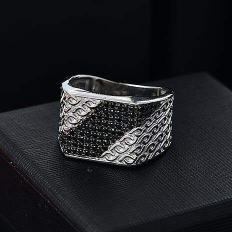 GP Black Spinel & Blue Sapphire Ring in Rhodium Overlay Sterling Silver 5.34 Ct, Silver Wt.9.40 Gms.