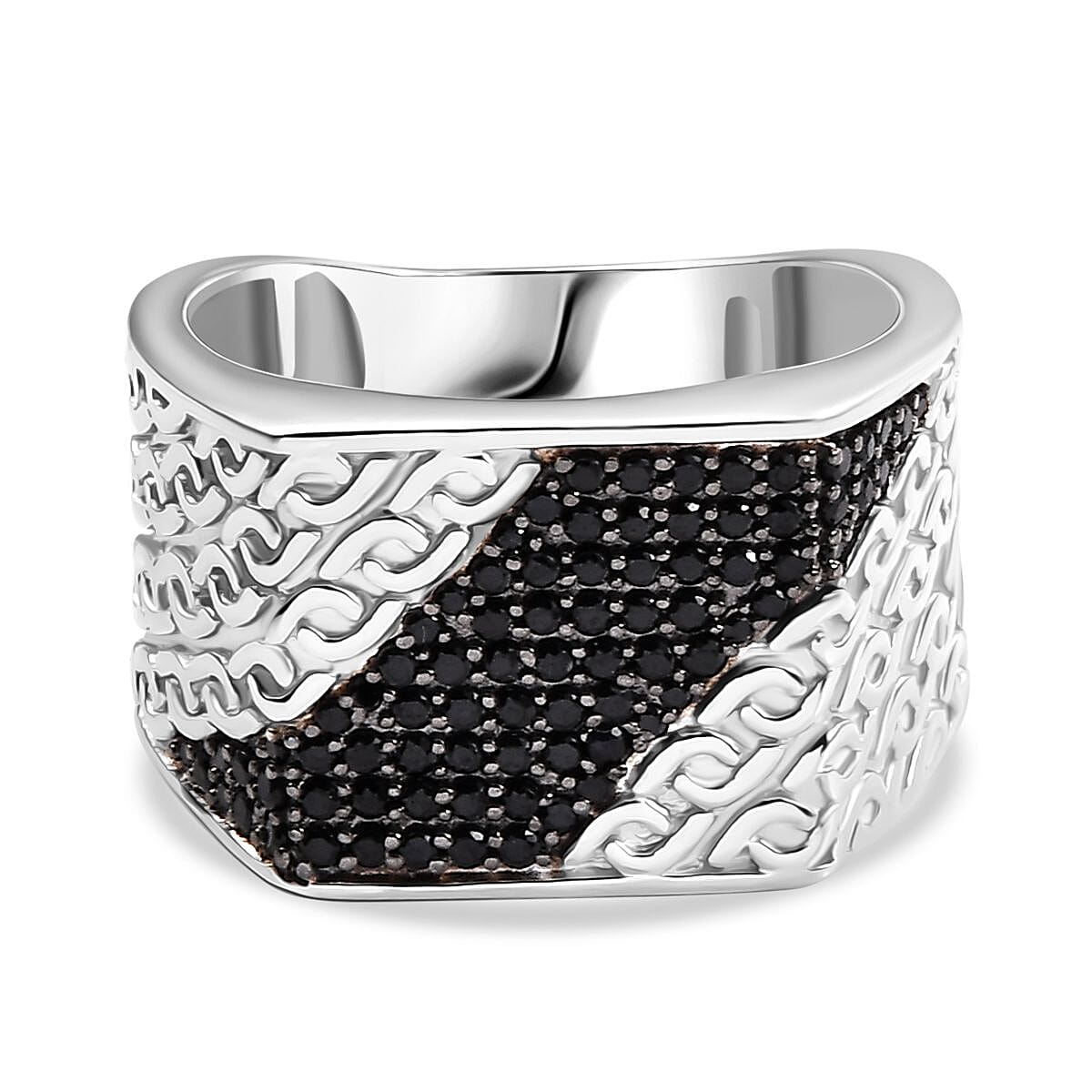 GP Collection - Black Spinel and Blue Sapphire Ring in Rhodium Overlay Sterling Silver