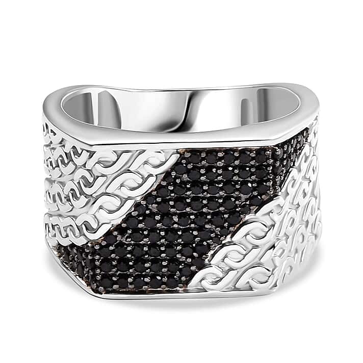 GP Collection - Black Spinel and Blue Sapphire Ring in Rhodium Overlay Sterling Silver