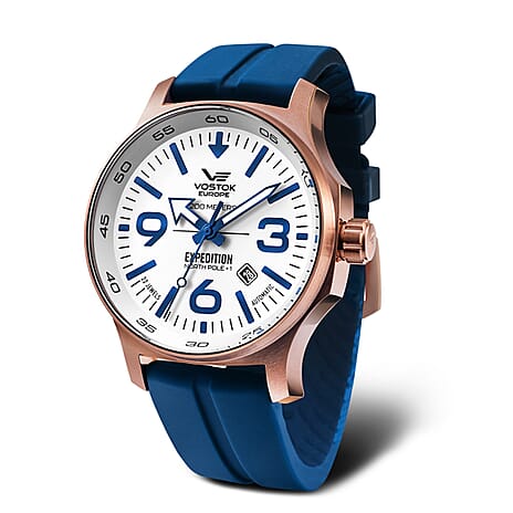 VOSTOK EUROPE Expedition Automatic Movt. 20ATM WR Rose Gold PVD Plated White Dial Mens Watch with Blue Silicone Strap