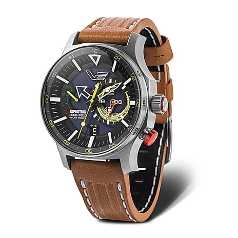 VOSTOK EUROPE Expedition Polar Day Solar Powered 20ATM WR Blue Dial Mens Watch with Brown Colour Leather - Silicon Strap