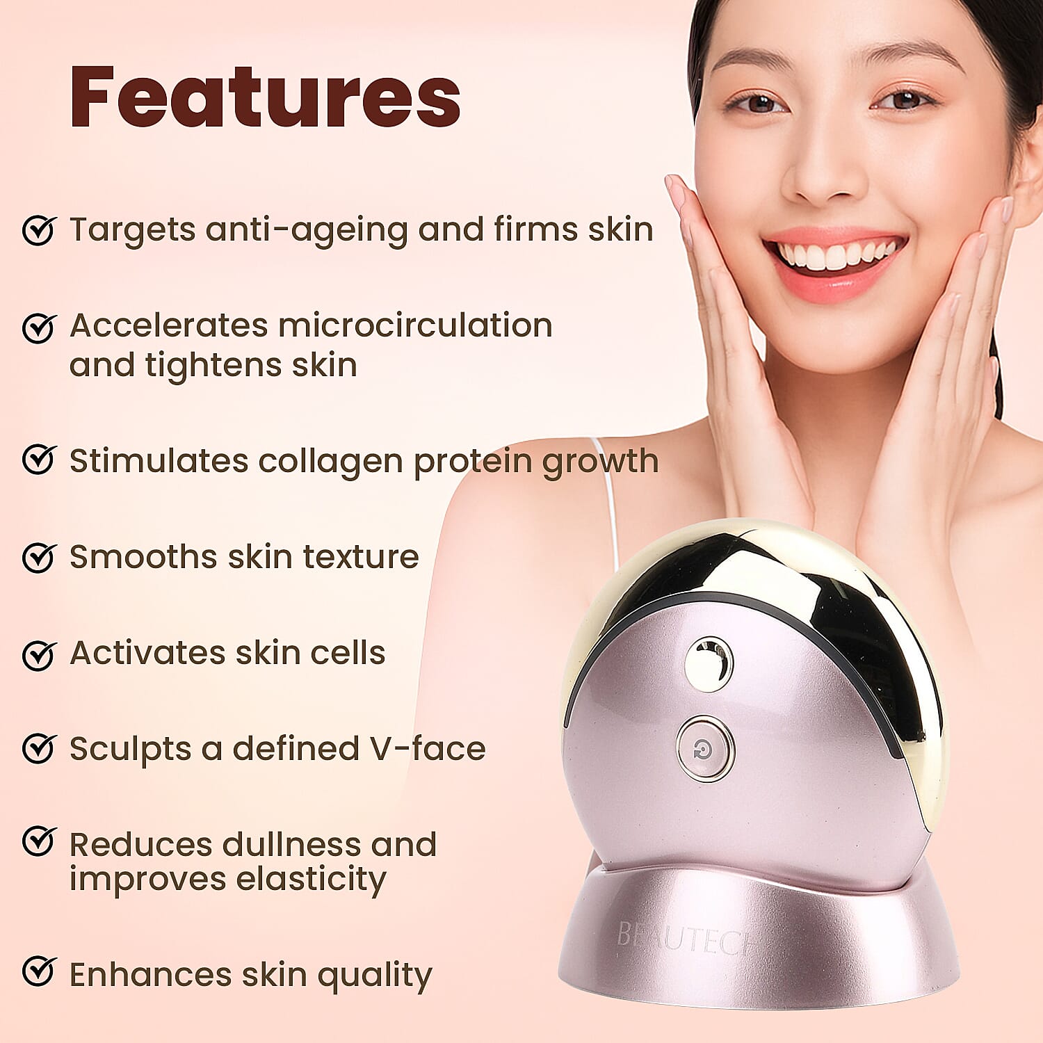 BEAUTECH RF-EMS Facial Beauty Device - Portable & Rechargeable with LED Light Therapy