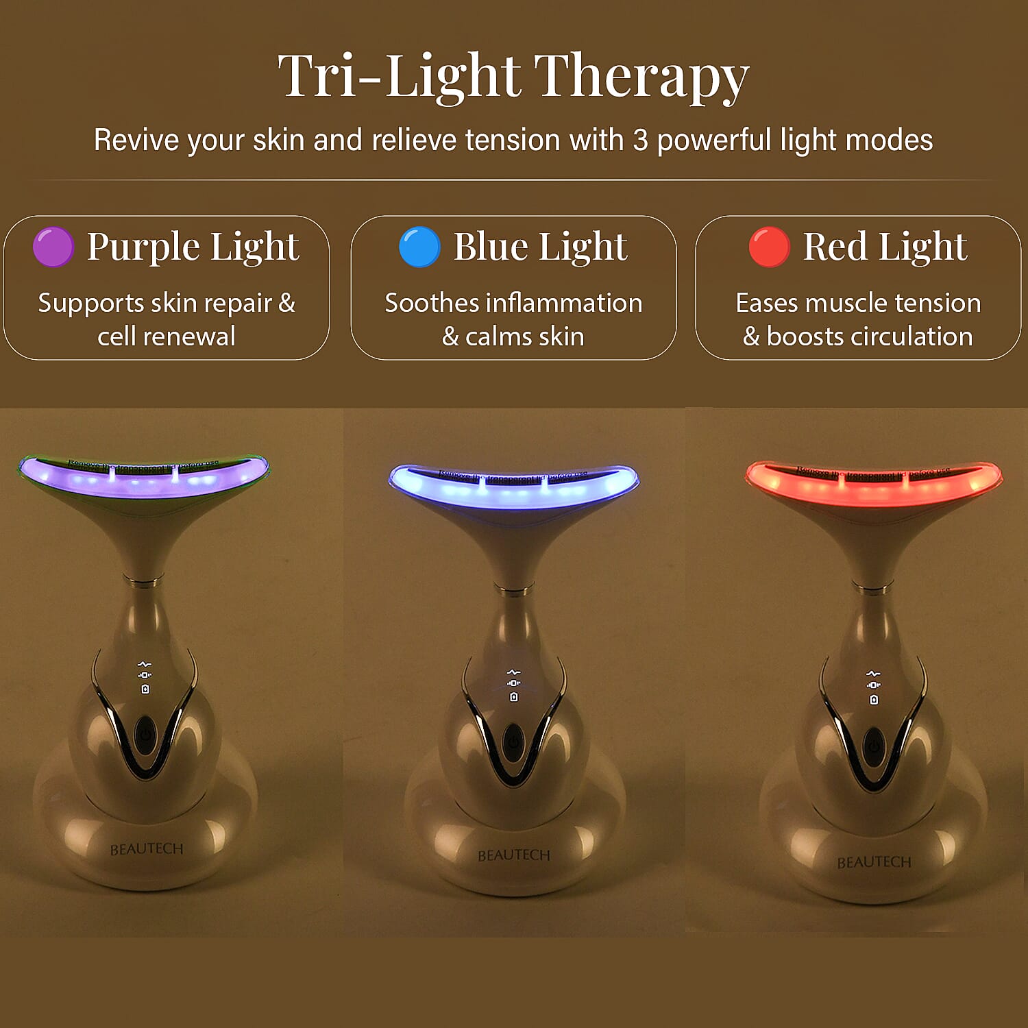 BEAUTECH Neck Massager- 6-in-1 Therapy with EMS, Red-Blue-Green Light, Heating, Vibration, & Intelligent Sensor - White