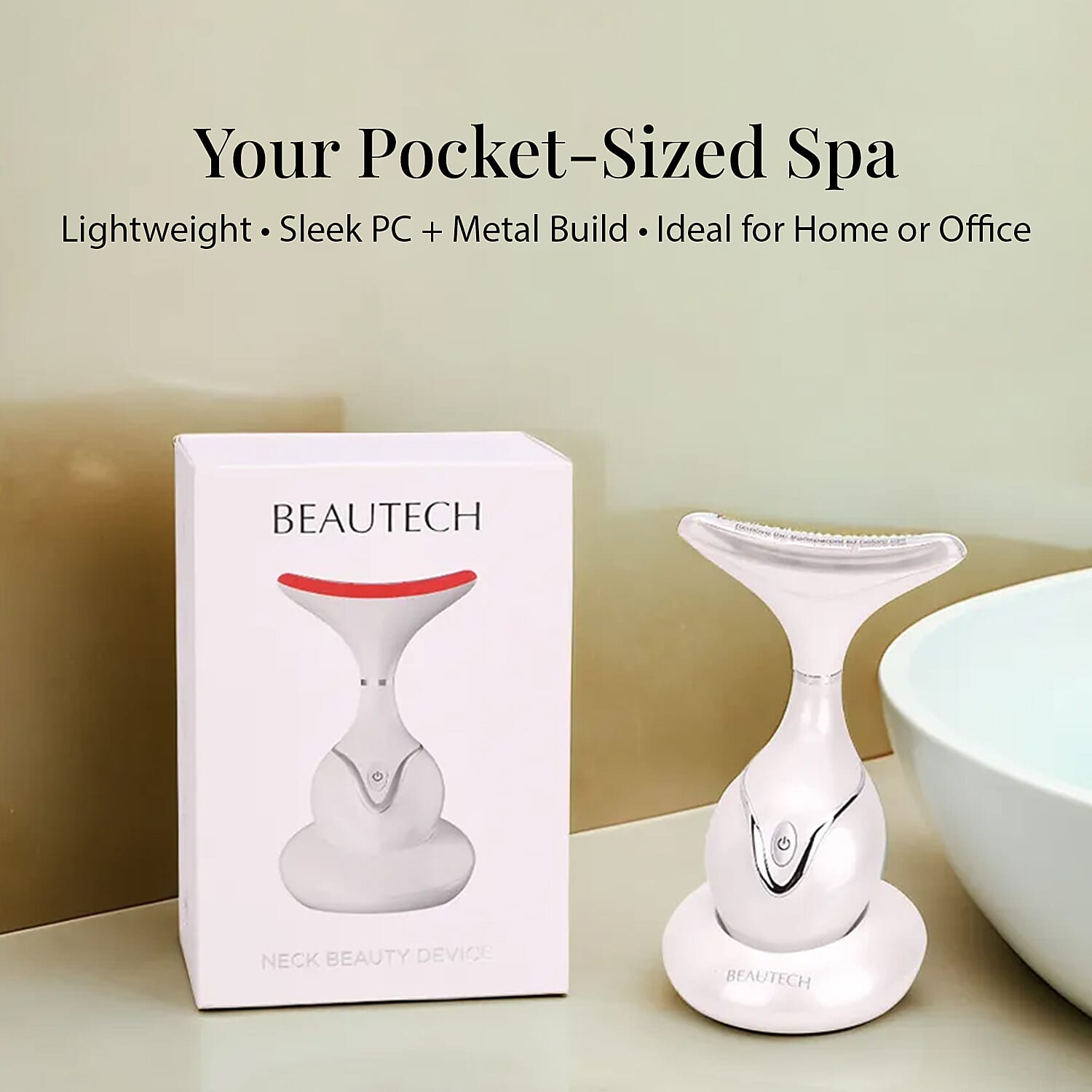 BEAUTECH Neck Massager- 6-in-1 Therapy with EMS, Red-Blue-Green Light, Heating, Vibration, & Intelligent Sensor - White