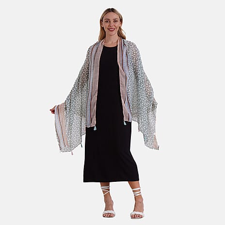 New Arrival- Abstract Flower & Leaf Pattern Dual Scarf Set - Green & Multicolor