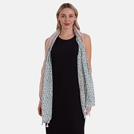 New Arrival- Abstract Flower & Leaf Pattern Dual Scarf Set - Green & Multicolor